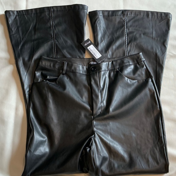 Nasty Gal 10 Faux Leather Bellbottom Flare Pants Lightening Bolt Bum Y2K Rock - Picture 2 of 9